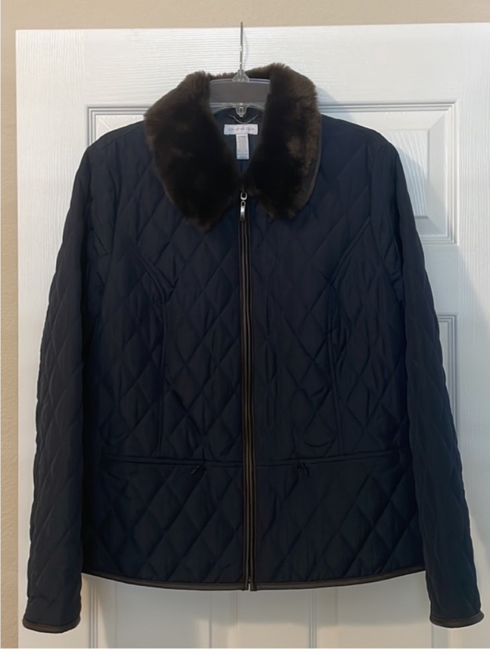 CHARTER CLUB LIGHTLY QUILTED JACKET, FAUX LEATHER TRIM AND REMOVABLE FUR COLLAR